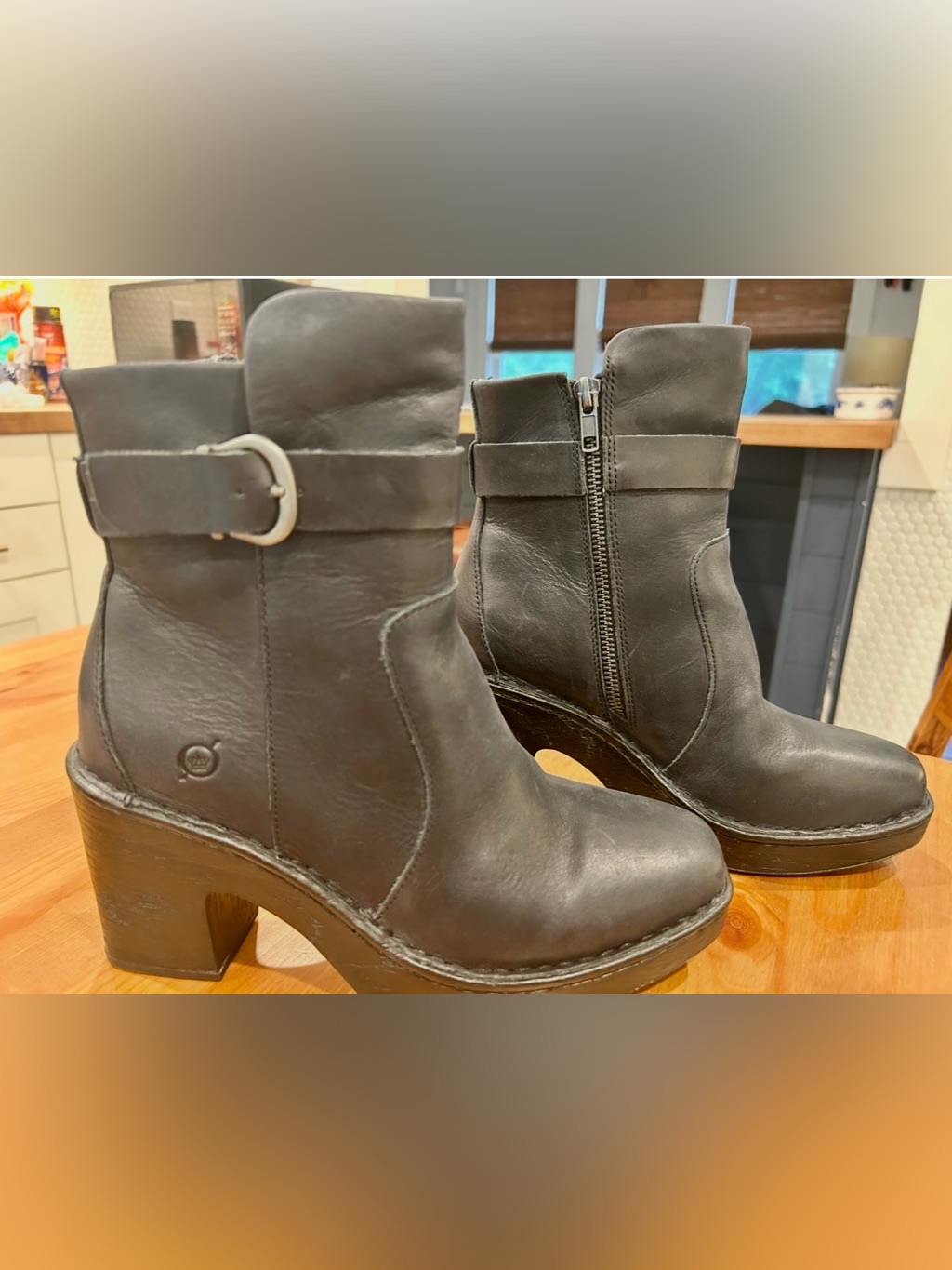 Born Black Leather Platform Ankle Boots With Buckle